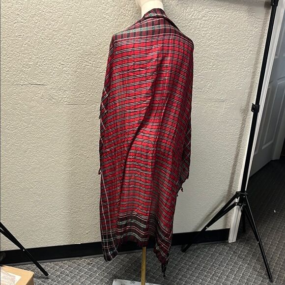 Red Plaid Shawl with Fringe - Picture 2 of 4